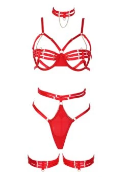 Klara Open Bra, Choker, Thong And Garter (Red)