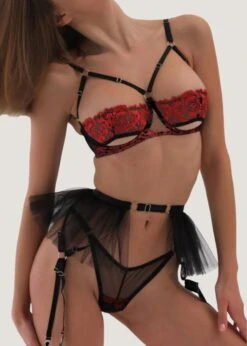 Rebecca Open Bra, Thong And Suspender (Black) 5 Rebecca Open Bra, Thong And Suspender (Black) -BLUEBELLA Sales Store unleashed rebecca red black mesh open bra thong tulle mesh suspender sexy lingerie set C